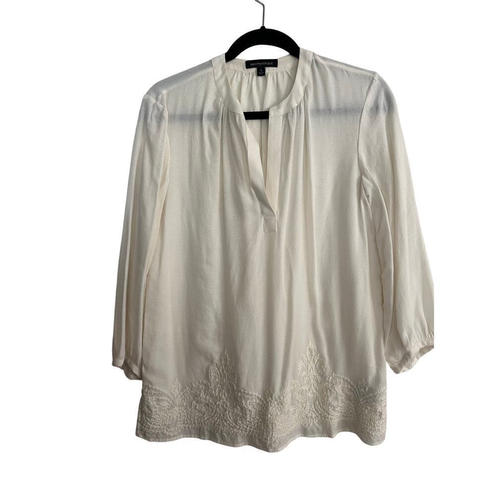 Banana Republic Women's Cream Embroidered Long Sleeves Tunic Blouse Top Size S
